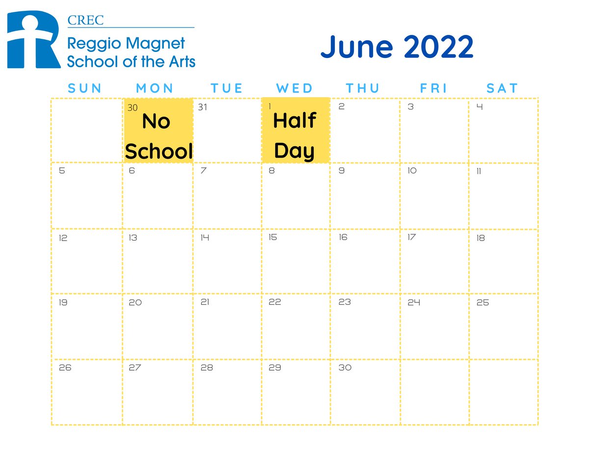 CREC_Reggio's tweet photo. REMINDER: May 30th there is No School in observance of Memorial Day. In addition, June 1st is a Half Day with dismissal at noon. The After Care and Half Day Enrichment programs will be available for registered families. https://t.co/mnIdLOpfjB