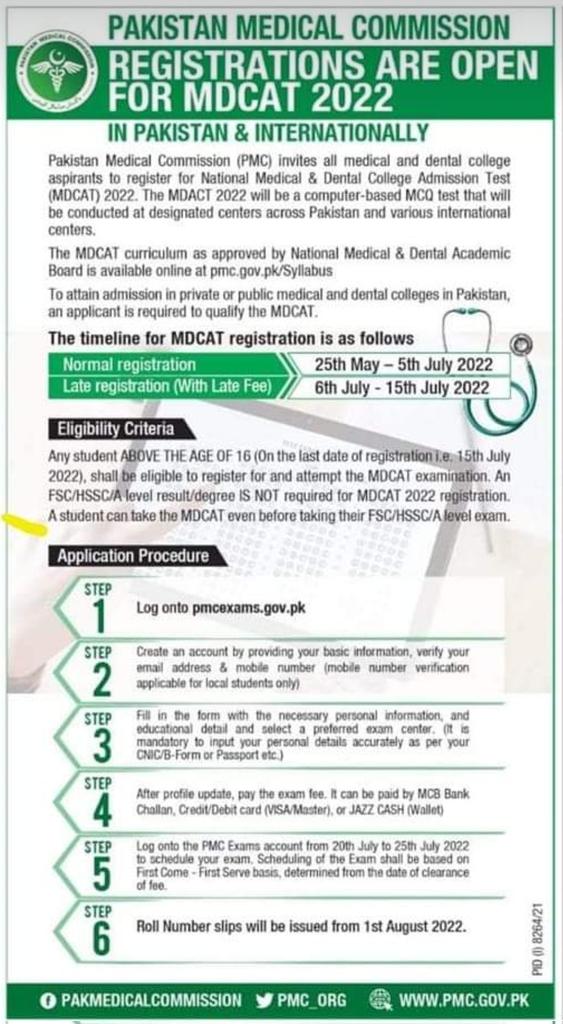 ThePeace_Swabi's tweet photo. PMC REGISTRATIONS OPEN FOR MDCAT 2022:

MDCAT Registration Last Date:

The registration with a normal fee is from 25th May to 5th July 2022. The registration with a late fee is from 6th July to 15th July 2022. https://t.co/dcGPKrCry6