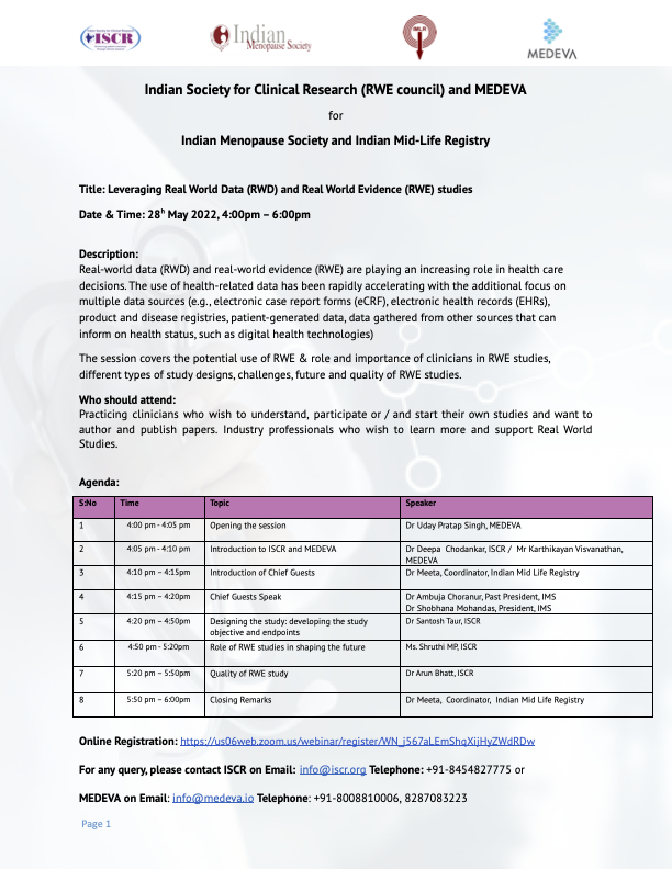 Medeva5's tweet photo. #MEDEVA, in association with ISCR (Indian Society for Clinical Research" is happy to announce a WEBINAR series for practising clinicians.
Link to register- https://t.co/F2yuPS8FEY
TITLE: Leveraging Real World Data (#RWD) and Real World Evidence (#RWE) studies. https://t.co/XouyWBr6Hs