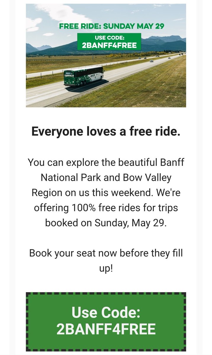 Car-free adventure alert: free bus service #yyc to #Banff on Sunday, May 29!

Book here: onitregionaltransit.ca

#yycbike #yycliving #carfree
