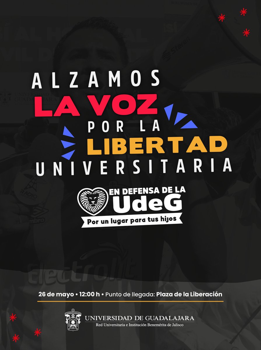 udg_oficial's tweet photo. ¡YA ES MAÑANA! 🤩

Que la voz de toda la #ComunidadUdeG y la sociedad en general se escuche en todo jalisco. 🗣️

Asiste a la #MegaMarchaUdeG. Te esperamos en Plaza de la Liberación a las 12:00 h. ‼️ #DefendamosLaUdeG. https://t.co/qgfjSH6hJr