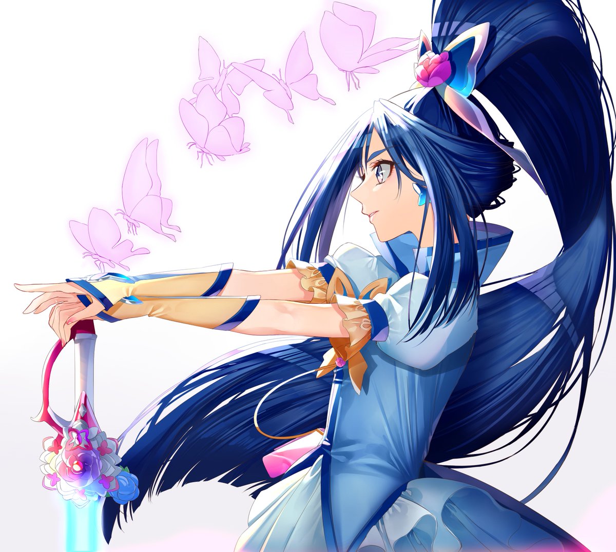 1girl long hair solo blue hair butterfly brooch white background weapon  illustration images
