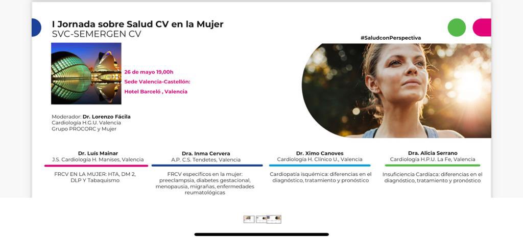 SVCardio's tweet photo. I Jornada Salud Cardiovascular en la mujer 👩🏻👵🏻 de @SVCardio y @SEMERGEN_CV 

Sede Valencia-Castellón 
 🗓 26 de mayo 19 h
🏨 Hotel Barceló Valencia

FRCV, cardiopatía isquémica, IC.. orientado a la salud de la mujer, moderado por @mi_cardiologo, con el apoyo de @OrganonEspana https://t.co/Vxfw19e0Ds
