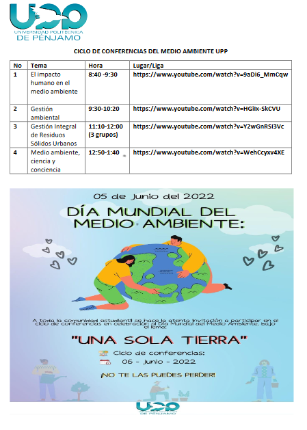 DireccionUTyP's tweet photo. Este 5 de junio de 2022, Día mundial del medio ambiente, la Universidad Politécnica de Pénjamo (UPP) tiene a bien invitar a la comunidad al ciclo de conferencias con el tema "Una sola tierra".
#OrgullosamenteUTyP https://t.co/P5jhN6t5Nz