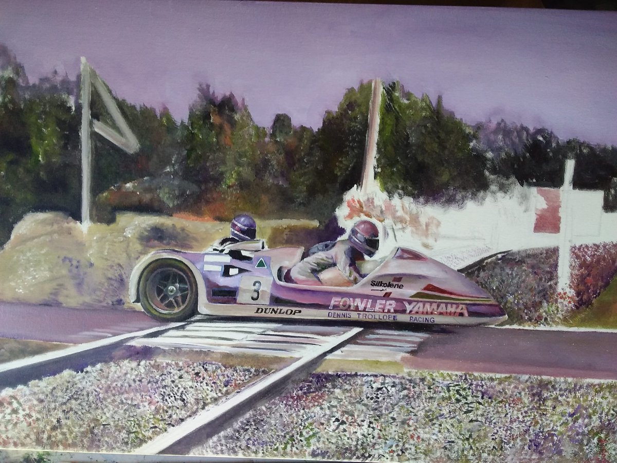 AutoTradition's tweet photo. Jock Taylor, Scottish sidecar legend. Painting by Eder Costa Barcellos. #JockTaylor #Sidecars #Yamaha #Legend #SuperfastScot https://t.co/DUjH75S0oa