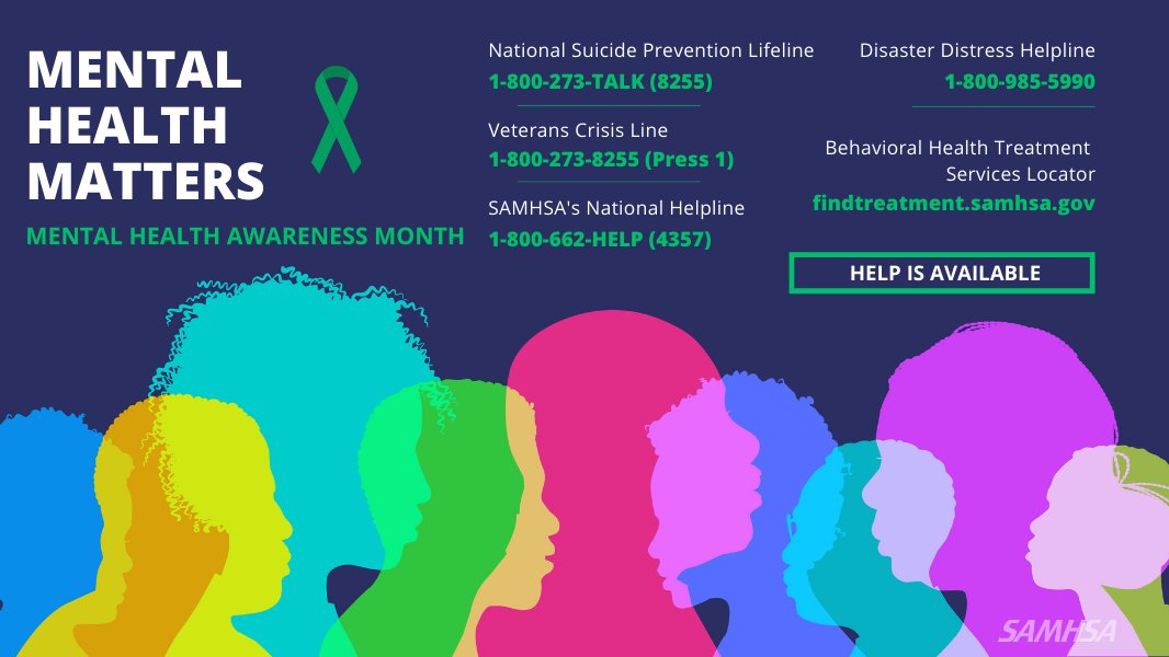 samhsagov's tweet image. May is #MentalHealthAwarenessMonth — a great time to check in on yourself &amp;amp; loved ones. If you or someone in your life needs help, confidential support &amp;amp; treatment options are available. 

💚 Help yourself &amp;amp; share to help others: samhsa.gov/find-help
#MentalHealthMonth