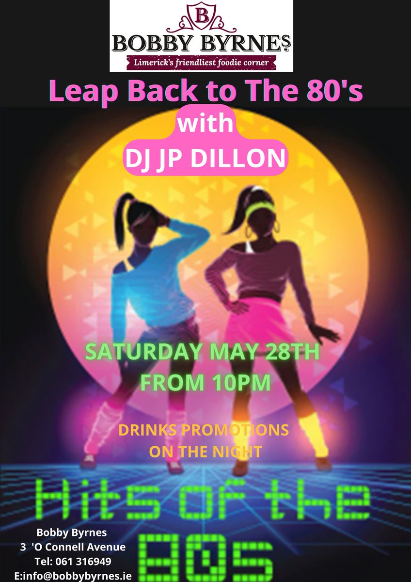 Its happening this Saturday from 10pm, so dust off your dancing shows and get yourself to Bobby's #80snight #dancingshoes #limericknightout