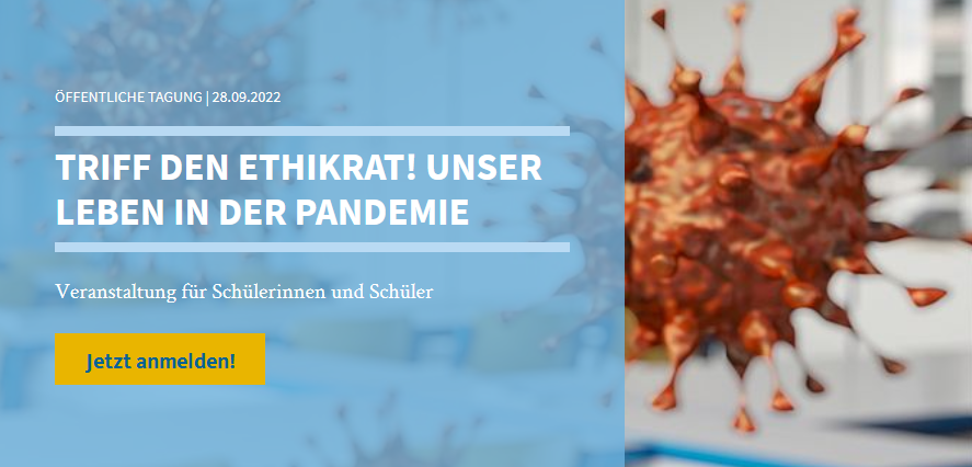 ethikrat's tweet photo. Schülerinnen und Schüler aufgepasst: eure Meinung ist gefragt! Wie habt ihr die #Pandemie erlebt? Kurse &amp; Klassen sind eingeladen, am 28.9.2022 ihre Erfahrungen zu schildern und mit dem Rat zu diskutieren. #triffdenethikrat
Jetzt anmelden: https://t.co/tL2Eh7cLE4 https://t.co/0cgffzpG3B