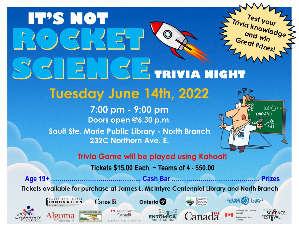 To kick start the 8th annual Sault Ste. Marie Science Festival, the Public Library will be hosting a science trivia night! This event is taking place on June 14 at the North Branch Library. Space is limited, so buy your tickets soon to avoid disappointment!