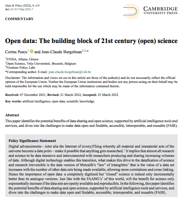 Data_and_Policy's tweet photo. Open data: the building block of 21st century (open) science

@CoryPascu &amp; @BurgelmanJean 

@ENISA_EU @VUBrussel @FrontPolicyLabs @EUOSPP

→ https://t.co/DjqQgPsAe9

#OpenData #OpenScience #AI #DataSharing #FAIRdata #DataStewardship #Datascience https://t.co/LWdBu7Wn1F