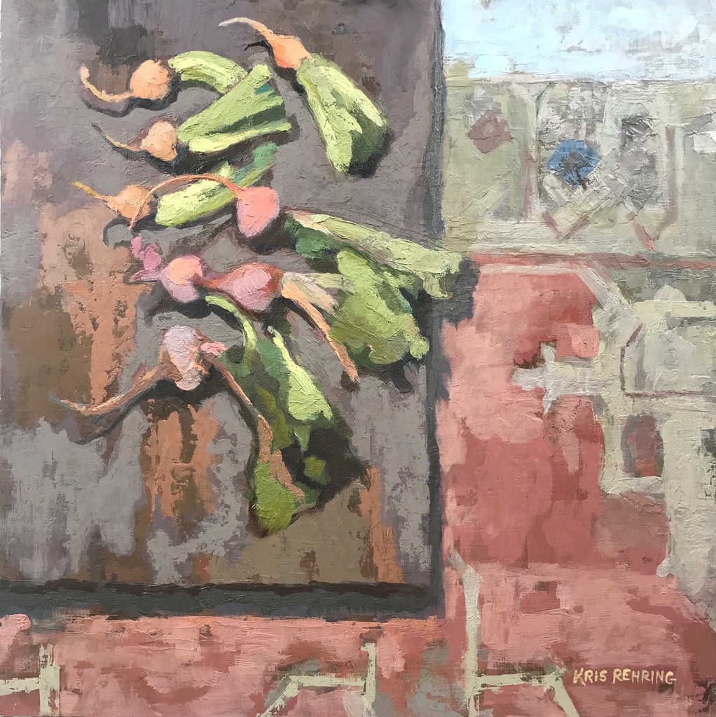 KrisRehring's tweet image. Beets in New Context, oil on panel, 12 x 12.Concentrated on solid marks of color, leaving most marks flat rather than focusing on traditional rendering of form. Temperature! Process! Showing the work. #stilllifepainting #colortemperature #forminpainting #oilpaintingofbeets