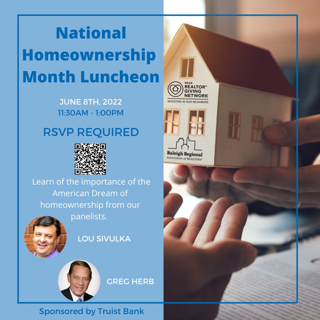 RaleighREALTORS's tweet photo. Join us at the National Homeownership Month 🏠 Luncheon!
June 8, 2022
11:30am - 1:00pm
Registration is Free!
Learn how homeownership can change the lives and futures of people in NC from our speakers
Register at: https://t.co/qj2w1mTG1j
#trianglerealtor #homeownershipmonth https://t.co/ctFcG5iL1n