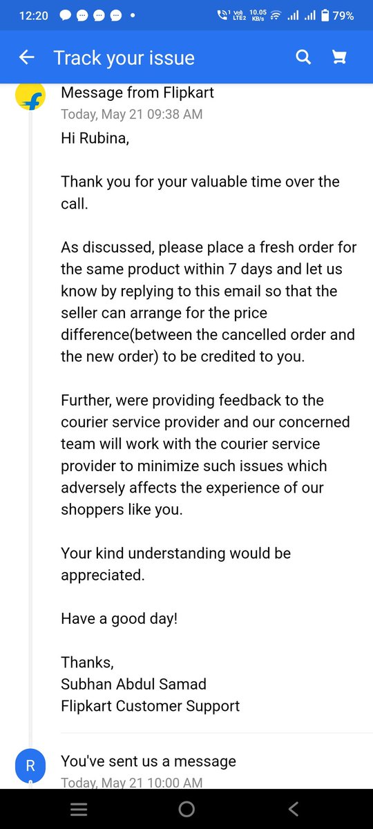 Rubina0511's tweet photo. @flipkartsupport i ordered a bag from Flipkart on 8th May during offer,it was not delivered till 21st may.I complaint about it and On 21st may Flipkart finally told me to cancel this order and place new one and they will refund me the difference in price but i didn't receive any. https://t.co/x24L37Y5nJ