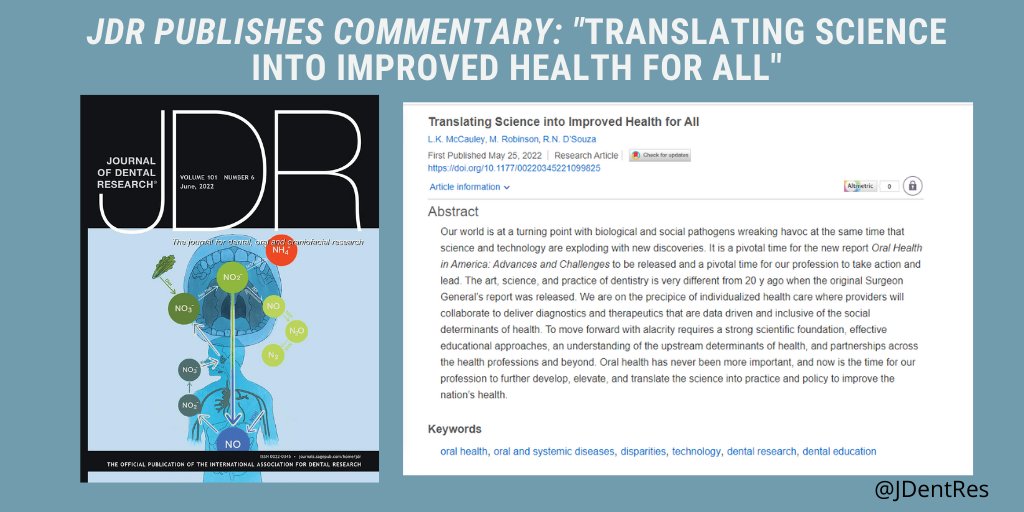Journal of Dental Research Publishes Commentary: "Translating Science into Improved Health for All". Read the press release below. <a href="/JDentRes/">Journal of Dental Research</a> 

iadr.org/about/news-rep…