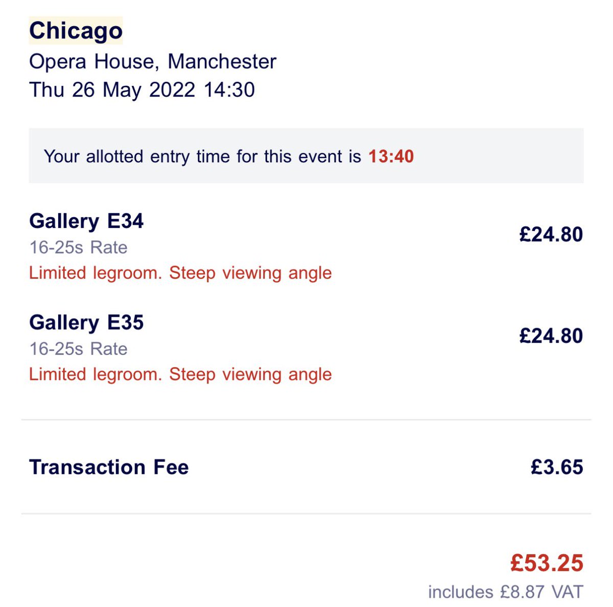 selling 2x tickets for chicago tomorrow at 2:30 at manchester opera house, paid £53 looking for £40