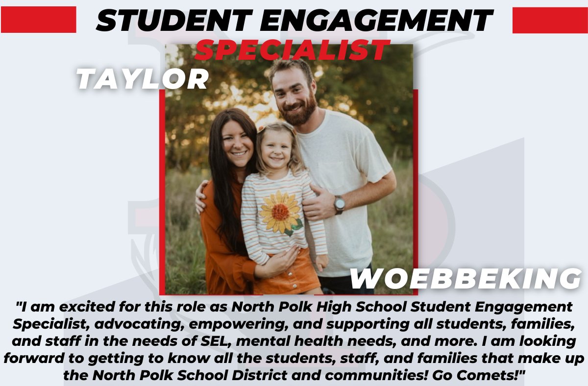 To continue with #MentalHealthAwarenessMonth &amp; as the district continues work around Social and Emotional Learning, we have added a very important role at our HS, a Student Engagement Specialist Counselor, Taylor Woebbeking! See more info below. Welcome to North Polk!