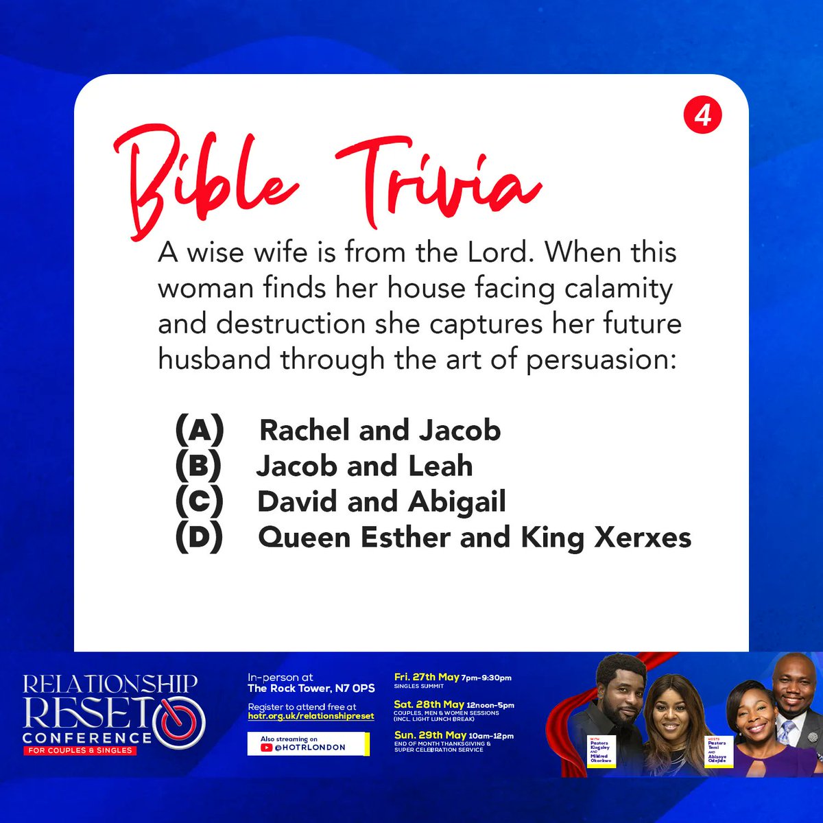 hotrlondon's tweet photo. Here's another Bible Relationships Trivia question for today.

Comment below 👇🏽 and give your answer to today's Bible Relationships trivia question.

Swipe left for more information on the competition.

#Bible #BibleTrivia #BibleRelationships #Giveaway #relationshipconference https://t.co/DjyGjEkiJY