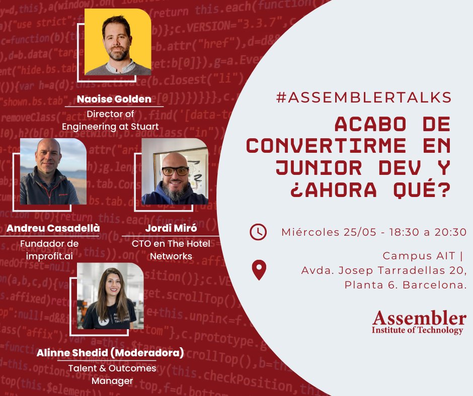 assemblerinstit's tweet image. 📢 30 MINUTOS para la primera edición de #assemblertalks

Podéis seguir la charla de @naoisegolden, @andreucasadella y @jordimirobruix en nuestro canal de twitch: twitch.tv/assemblerinsti…

¡Os esperamos! #codeyourfuture