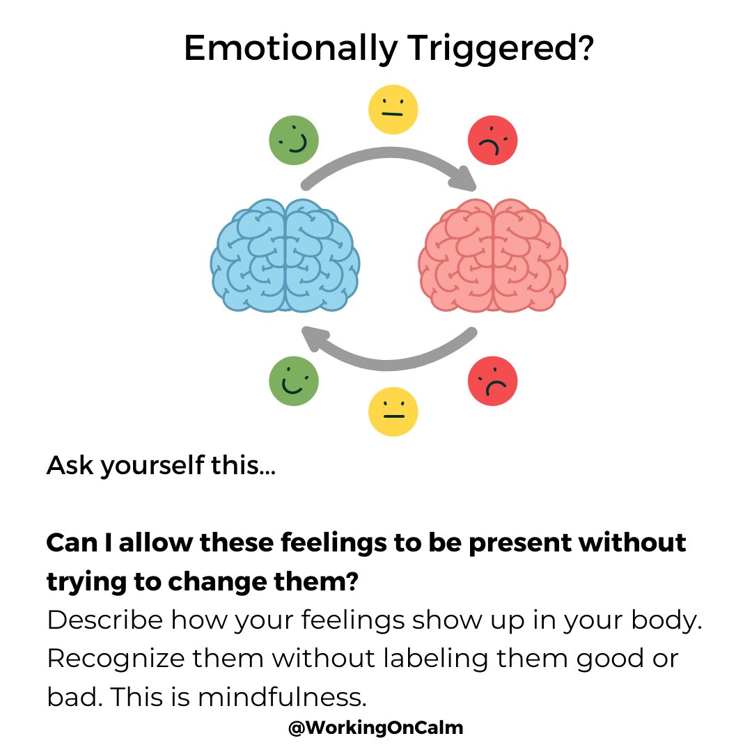 WorkingOnCalm's tweet image. When emotionally triggered, ask yourself to sit with the emotions. Observe how you feel. Feel them without trying to rationalize them away. Don’t judge the emotions as good or bad. 

This is mindfulness. 

For more information, see: workingoncalm.com/how-to-deal-wi…
