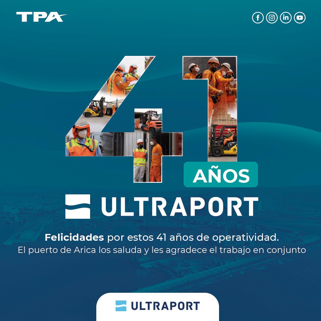 _TPA_ARICA's tweet photo. Feliz Aniversario @Ultraport_Chile hoy los saludamos desde el extremo norte de Chile. 
Gracias por contribuir a una operación de excelencia. 
#Aniversario #Felicidades https://t.co/4tv6pEsH4k