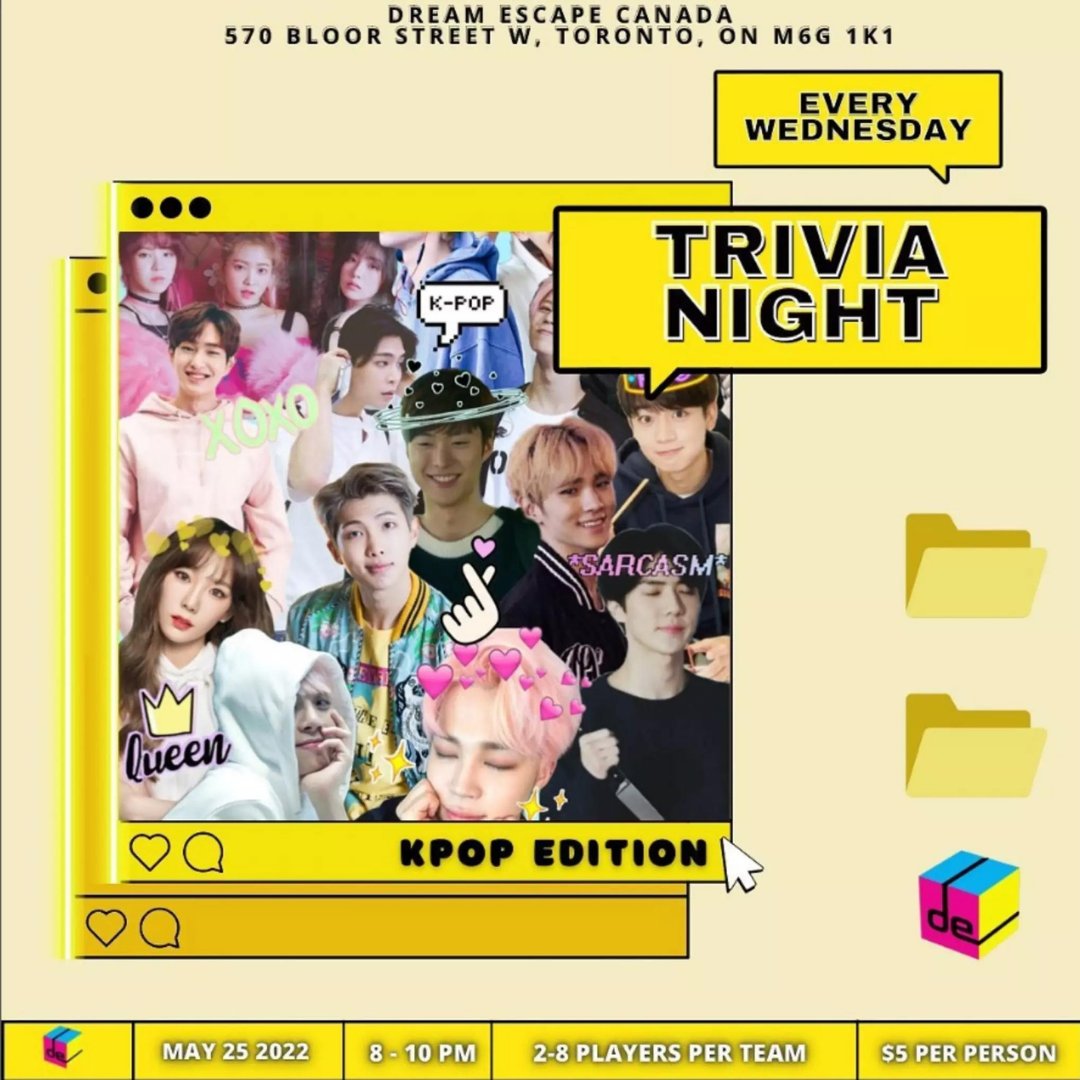 MixemApp's tweet photo. Wednesday, May 25, 2022
8:00 PM – 10:00 PM
Join us this Wednesday for Kpop trivia covering the late 2000s both girl groups and boy groups. Good luck and Fighting! 화이팅
$5/per player, doors open at 4, and trivia start at 8 PM!
#event #kpop $trivia #toronto #mixemapp https://t.co/YfKE0JM1TX