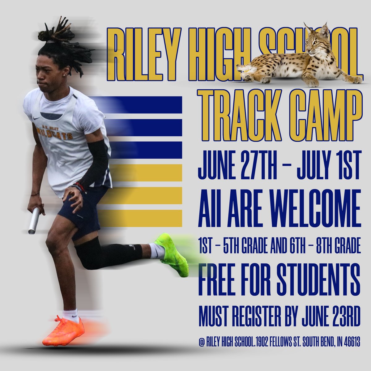 Join us at <a href="/SBRileyhigh/">South Bend Riley</a> Track Camp this summer!

Camp will be held at Riley High School from 9-12 AM.

Click the link below to register your 1st - 8th graders today!

docs.google.com/forms/d/e/1FAI…