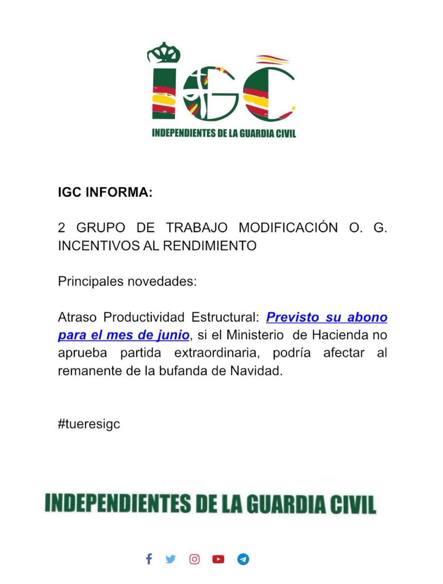 IGCAlmeria's tweet photo. 🔈 II GRUPO DE TRABAJO MODIFICACIÓN O. G. INCENTIVOS AL RENDIMIENTO
Principales novedades:
🧣Atraso Productividad Estructural: Previsto su abono para mes de junio, si Hacienda no aprueba partida extraordinaria, podría afectar remanente bufanda.
#Guardiacivil #igc #IGCINFORMA https://t.co/hyLzy0EoBi