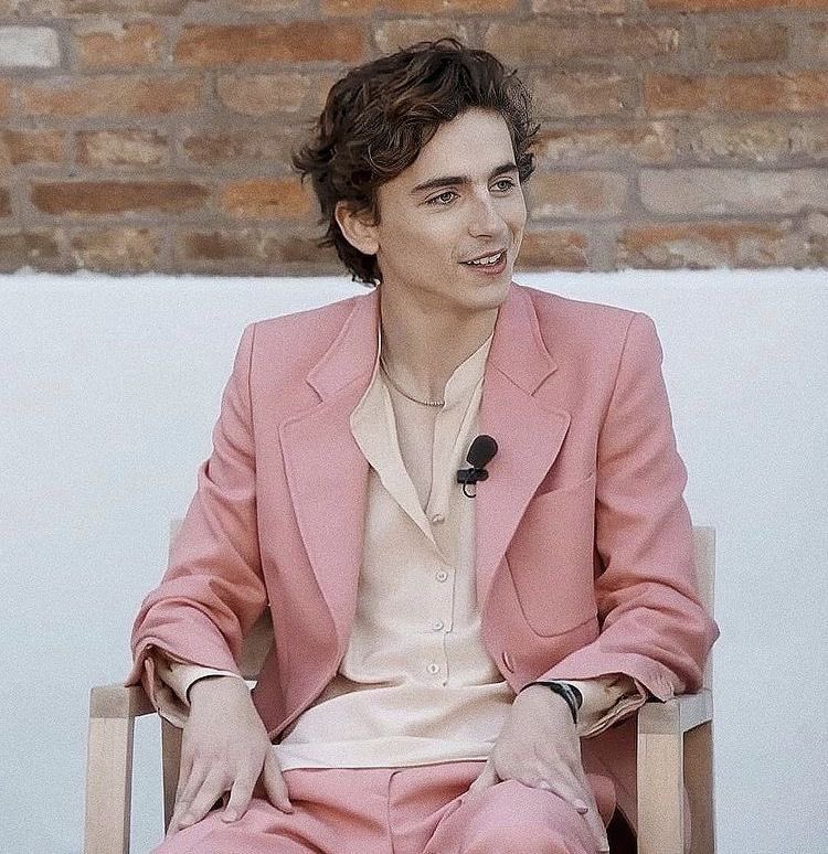 tchalfilms's tweet photo. timothée chalamet in this pink suit is top tier https://t.co/iBq8QnHgKk