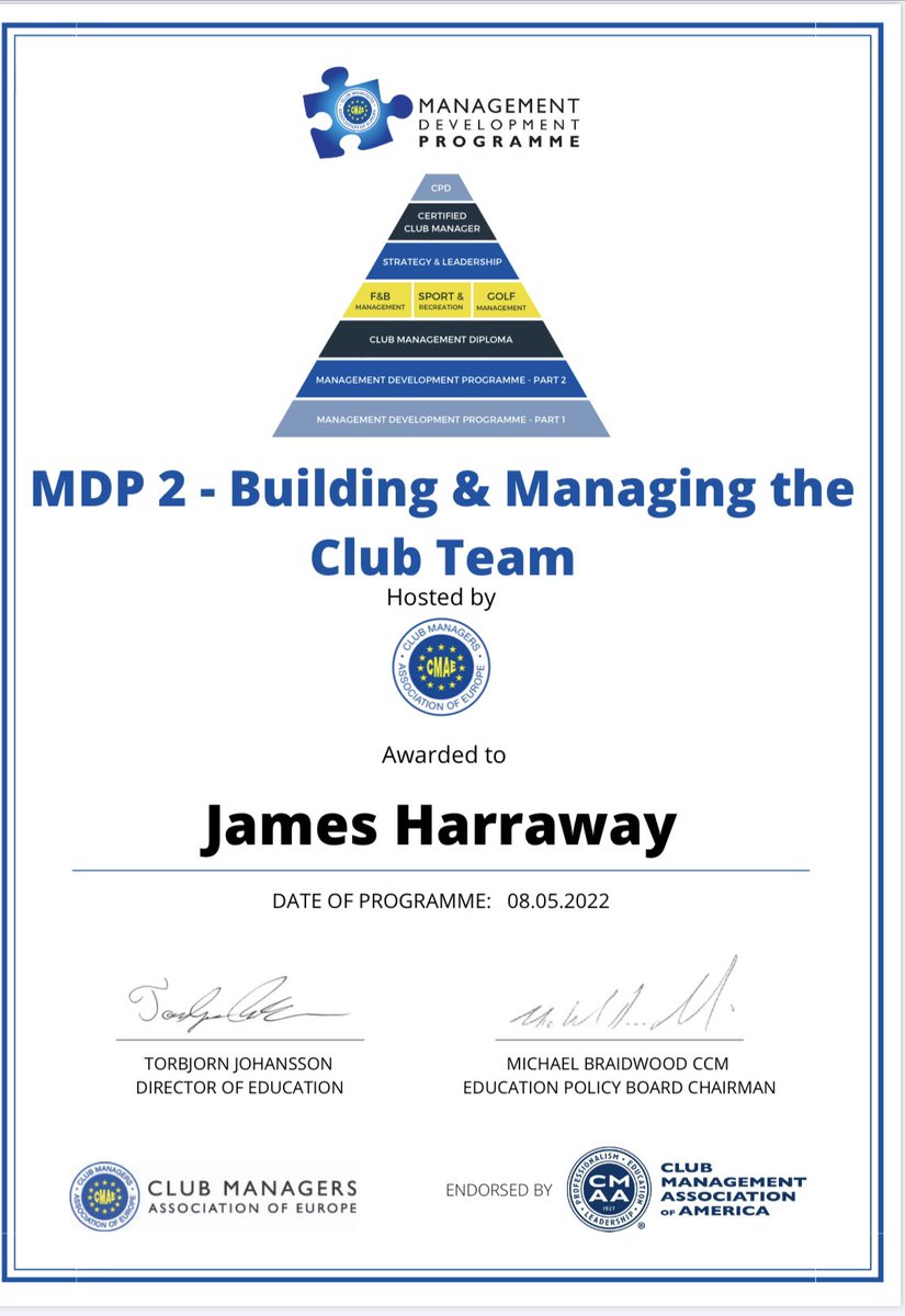 pgajimmer's tweet image. Chuffed to complete MDP2 with @CMAEurope 👍🏻 only one stage left to gain diploma in Club Management! Big thanks to @CirencesterGolf for continued support. #professionaldevelopment #professionalprogress #tribe #CPD