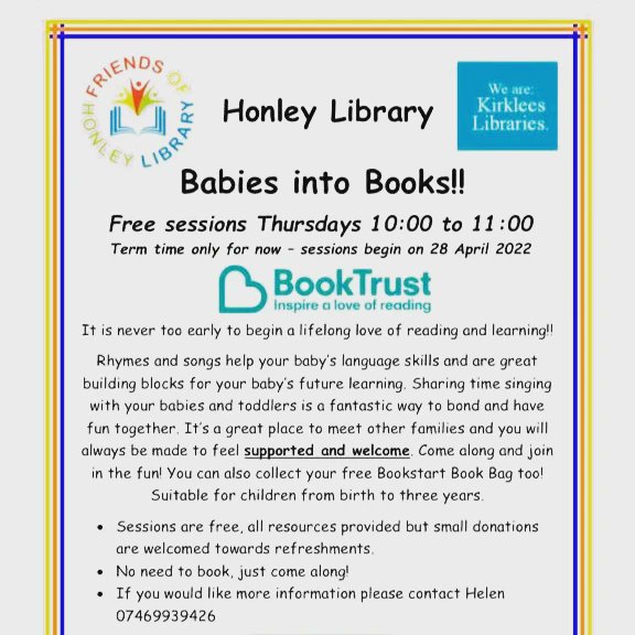 friends_honley's tweet photo. Babies into Books is on tomorrow 10am-11am. All welcome.
#LoveLibraries #LoveToRead #BabiesIntoBooks #Parenting #SupportingFamilies #CommunitySupport #Community #Honley #FoHL https://t.co/Hz67g00U6o