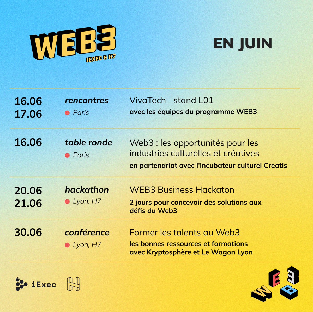 WEB3 - la programmation du mois de juin est là ! 💫

Au programme : des rencontres, 2 jours de Hackathon et des conférences à Paris et à Lyon avec <a href="/iEx_ec/">iExec RLC</a>.

BUSINESS HACKATHON 🛠 Candidatez dès maintenant !

infos &amp; inscription → web3iexec.substack.com/p/juin-2022-ob…