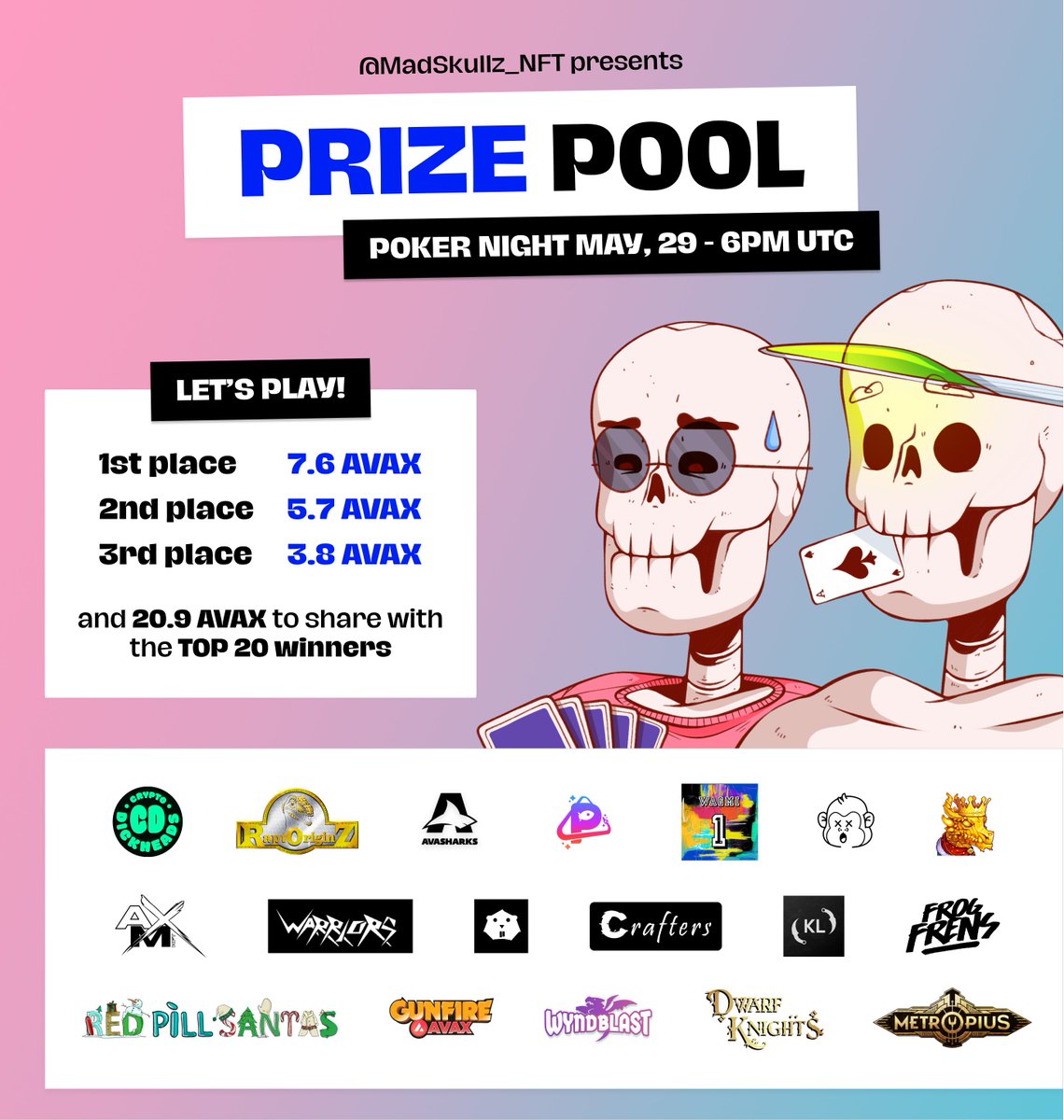 MadSkullz (@skullzhq) on Twitter photo You have been waiting for it, #MadAVAXPoker Prize pool allocation 🪙
Thanks to every co-hosts, we managed to gather 38 Avax 🔺 for this tournament 🔥
Are you registered yet? It's free so just head over MadSkullz Discord : Discord.gg/MadSkullz
#Avalanche #MadAVAXPoker You have been waiting for it, #MadAVAXPoker Prize pool allocation 🪙
Thanks to every co-hosts, we managed to gather 38 Avax 🔺 for this tournament 🔥
Are you registered yet? It's free so just head over MadSkullz Discord : Discord.gg/MadSkullz
#Avalanche #MadAVAXPoker