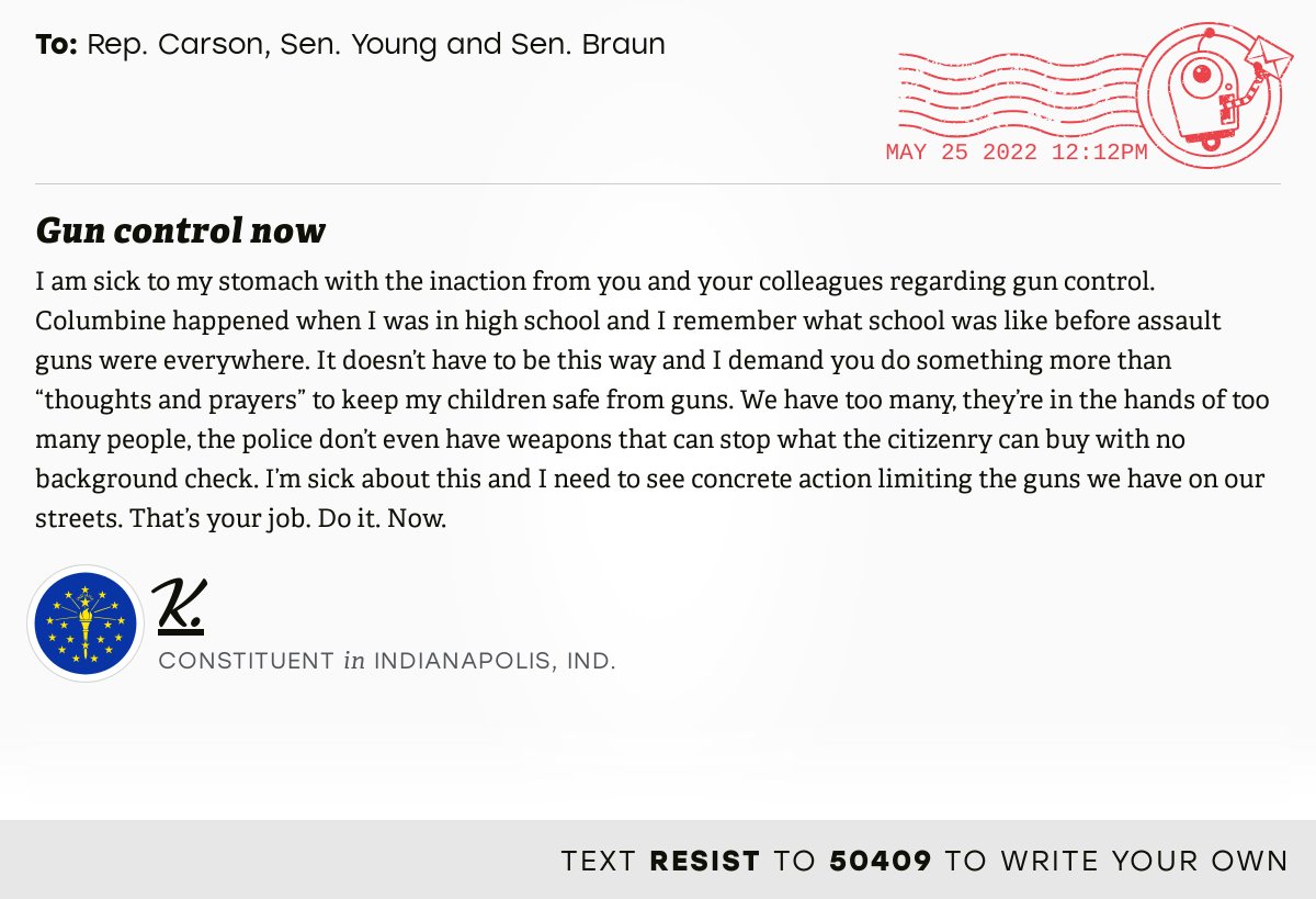 Open Letters (@openletterbot) on Twitter photo 📬 I delivered “Gun control now” from K., a constituent in Indianapolis, Ind., to <a href="/RepAndreCarson/">André Carson</a>, <a href="/SenToddYoung/">Senator Todd Young</a> and @SenatorBraun #IN07 #INpolitics
📝 Write your own: x.com/messages/compo… 📬 I delivered “Gun control now” from K., a constituent in Indianapolis, Ind., to <a href="/RepAndreCarson/">André Carson</a>, <a href="/SenToddYoung/">Senator Todd Young</a> and @SenatorBraun #IN07 #INpolitics
📝 Write your own: x.com/messages/compo…