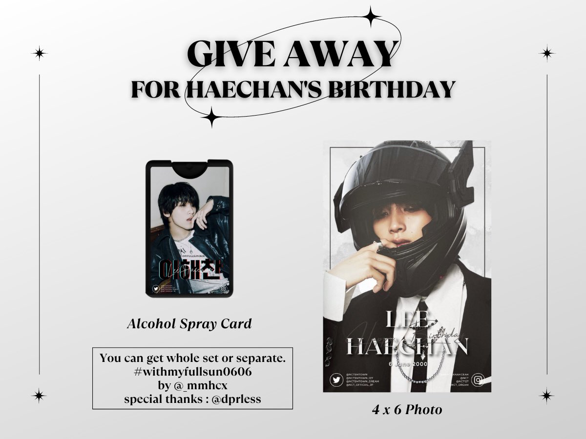 pls rt ♡ 

rt สุ่มแจก 1 set 💌

꒰ giveaway for haechan’s birthday ꒱ 

1 set 
♡ alcohol spray card 1ea
♡ 4x6 photo 1ea

✦ june 4,2022 at siam - only 30 set
✦ gg form - unlimited (shipping 40 baht) in mention 

exchange pls dm 🫶🏼

#happyhaechanday 
#withmyfullsun0606