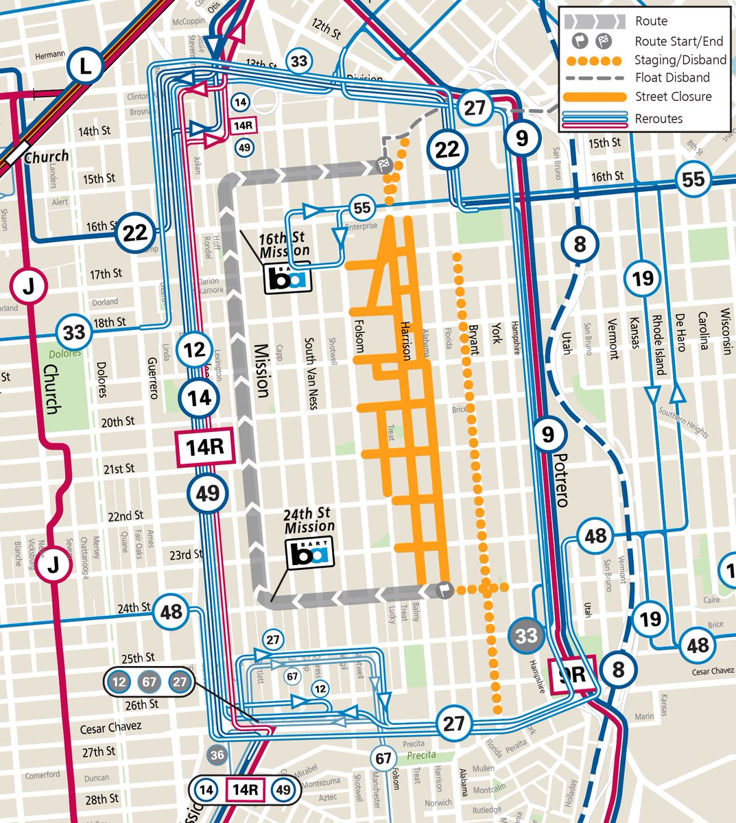 Transit riders who use 16th St Mission and 24th St Mission BART stations may see various Muni bus routes rerouted this Sunday due to @carnavalsf. BART service will not be impacted by Carnaval. 