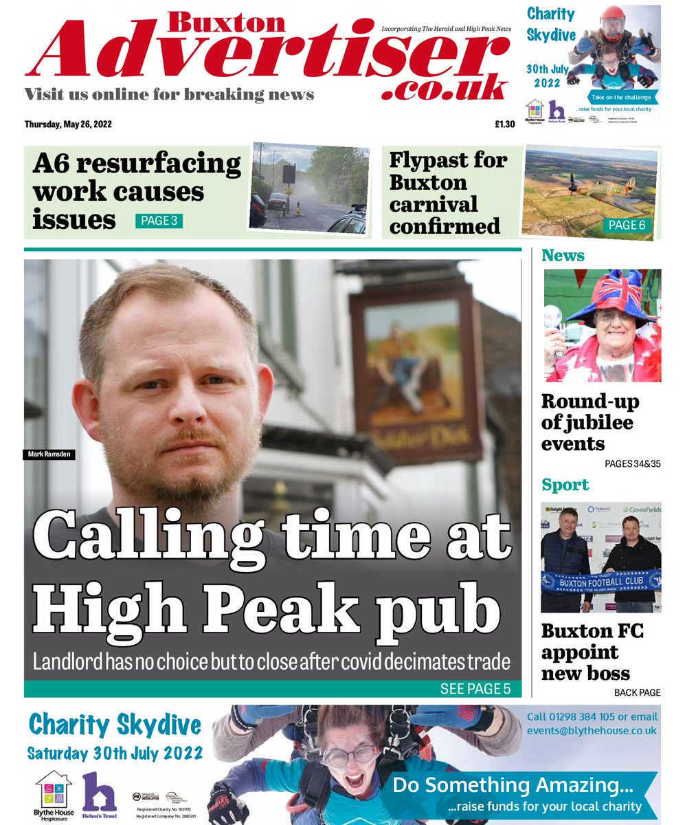 Sad news of the closure of a #HighPeak pub features on the front of this week's <a href="/Buxton_News/">Buxton Advertiser</a>. Also inside this week: carnival flypast confirmed; jubilee events round up;  anger over A6 roadworks; train petition launched; meet <a href="/Buxton_FC/">Buxton Football Club</a>'s new manager and much more