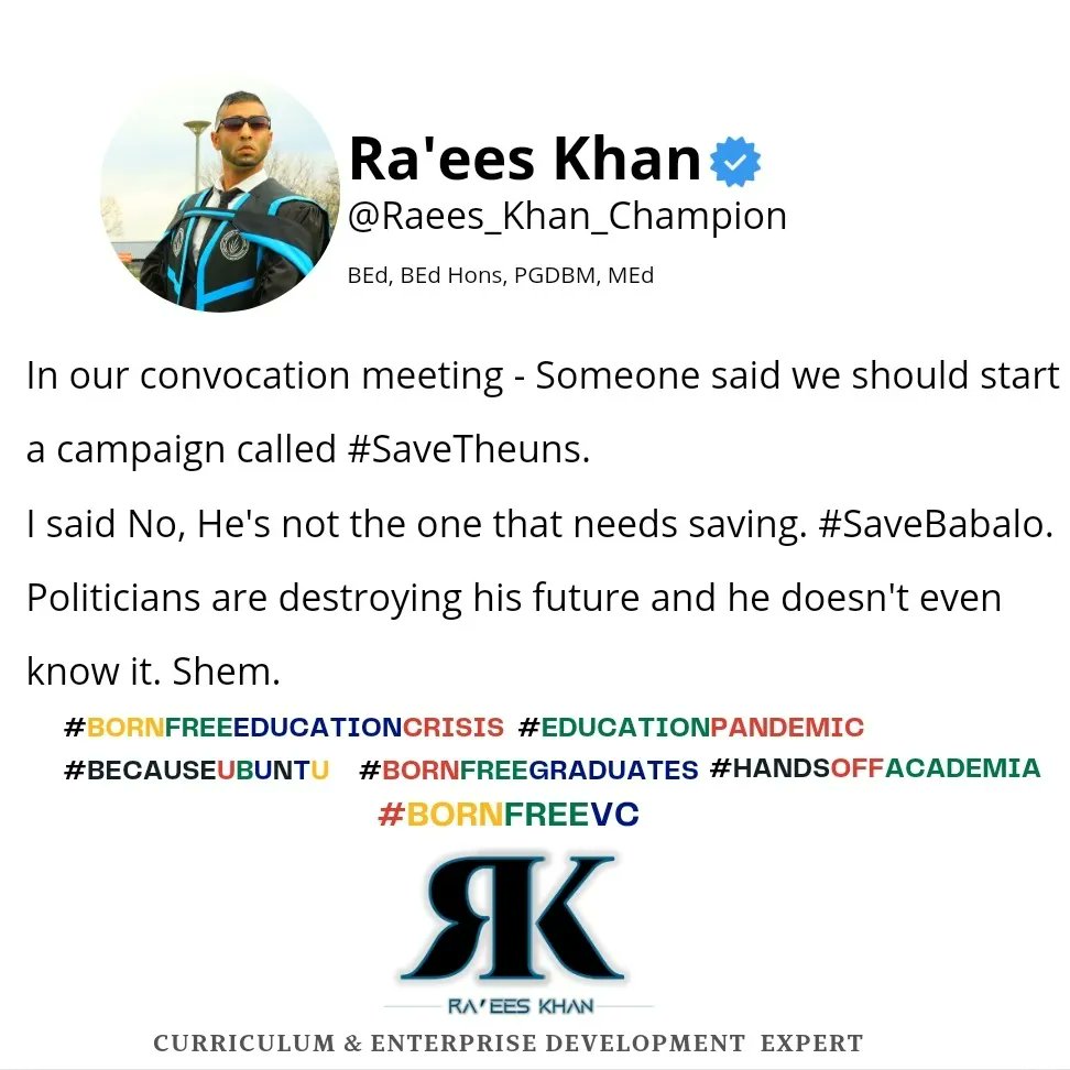 RK_Champion's tweet photo. @FabAcademic Prof, The biggest security threat to all of #OurStudents on campus are Politicians! They keep making a noise with their gum boots and outdated ideas. We don't even have WiFi on res but they have power? Someone please take the batteries out of their Megaphone. #BornFreeVC https://t.co/aHUQQLNPHw
