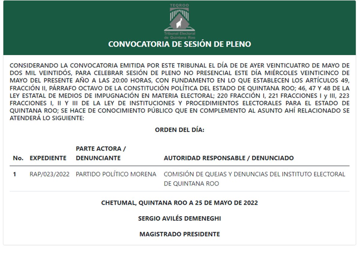 TEQROO_Oficial's tweet image. #AvisoComplementario | El @TEQROO_Oficial atenderá un asunto más en la Sesión de Pleno convocada para este 25/05/2022 a las 20:00 horas, la cual podrás visualizar en #vivo a través de la plataforma Zoom.

A continuación, los asuntos a resolver y el link: bit.ly/3MPEjii