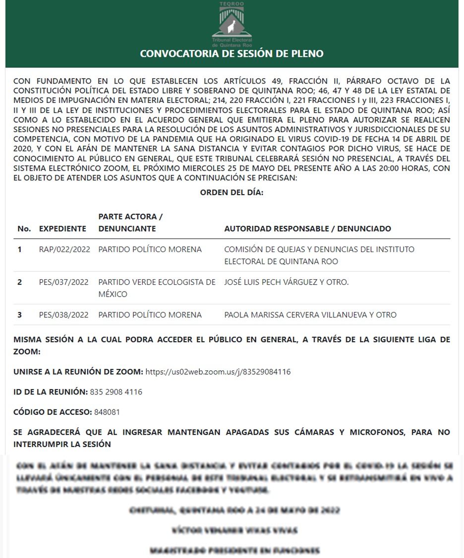TEQROO_Oficial's tweet image. #AvisoComplementario | El @TEQROO_Oficial atenderá un asunto más en la Sesión de Pleno convocada para este 25/05/2022 a las 20:00 horas, la cual podrás visualizar en #vivo a través de la plataforma Zoom.

A continuación, los asuntos a resolver y el link: bit.ly/3MPEjii