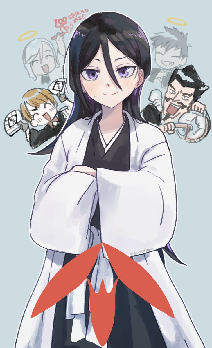 kuchiki rukia black hair japanese clothes long hair crossed arms hair between eyes haori purple eyes  illustration images