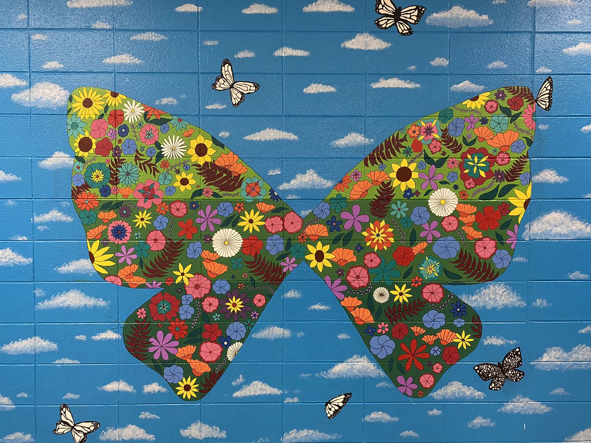 MSHSactivities's tweet photo. The interactive #MSHSButterfly mural is complete! Thank you to our student artists Nora Baquero-Cruz, Sara Rodriguez, Jasmin Atkinson and Alyssa Anderson for their incredible dedication to this project.  🦋 https://t.co/8Vj4CeU9IG