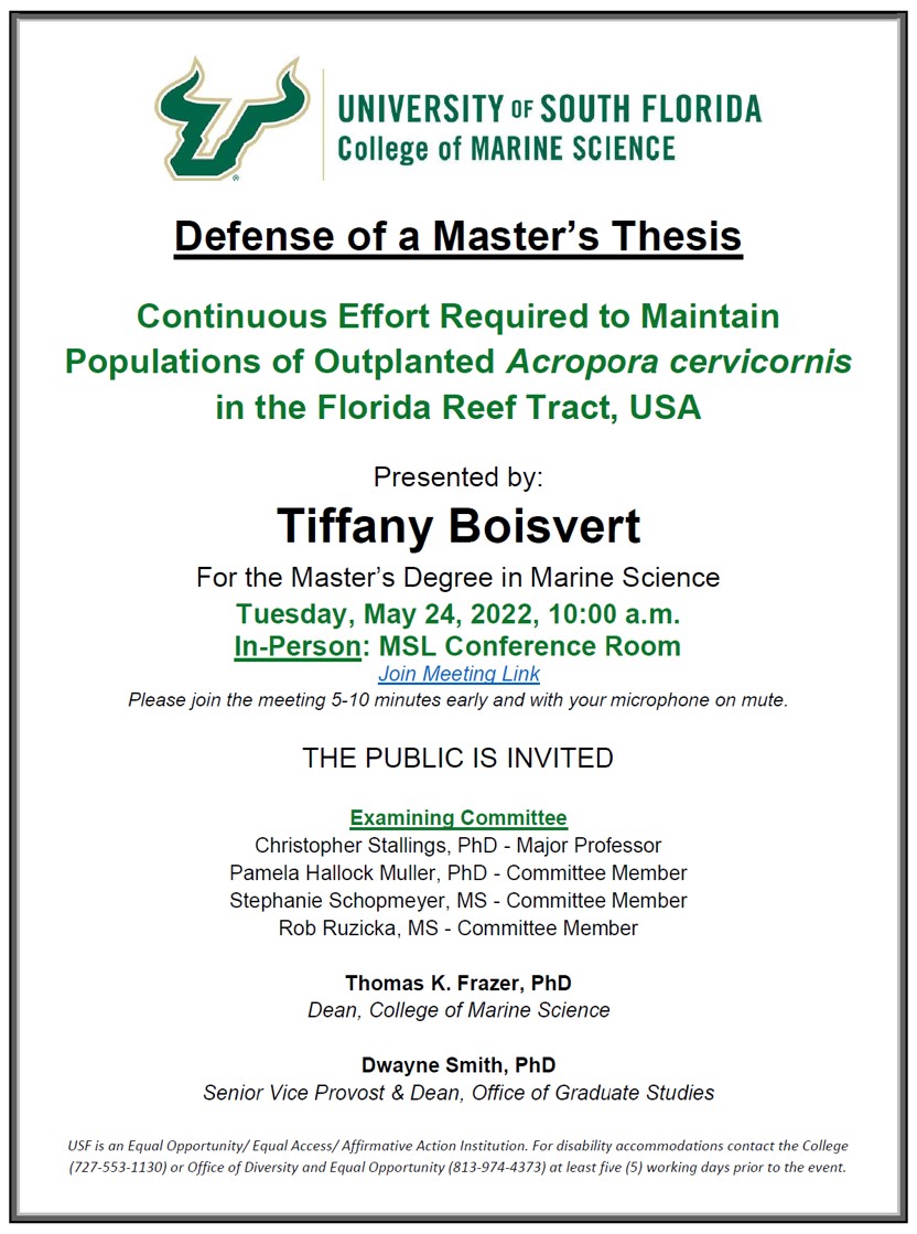 FishEcologyLab's tweet image. Huge congrats to Tiffany Boisvert for her excellent MS thesis defense on #coralrestoration in the FL Keys! Her research will be very helpful for guiding future #restoration efforts! @FWC @USFCMS