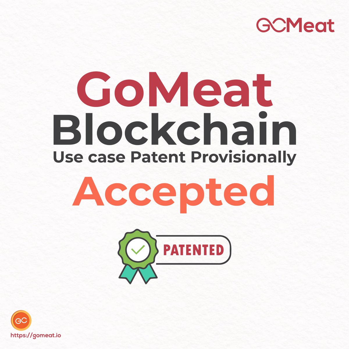 GoMeatToken's tweet image. Many CONGRATULATIONS! 🚀🎉

We are stoked to announce that GoMeat’s patent for its blockchain use case has been provisionally accepted, proving that GoMeat is indeed one-of-a-kind service! This has added enormous value to our company &amp;amp; will open many avenues of growth for GoMeat!