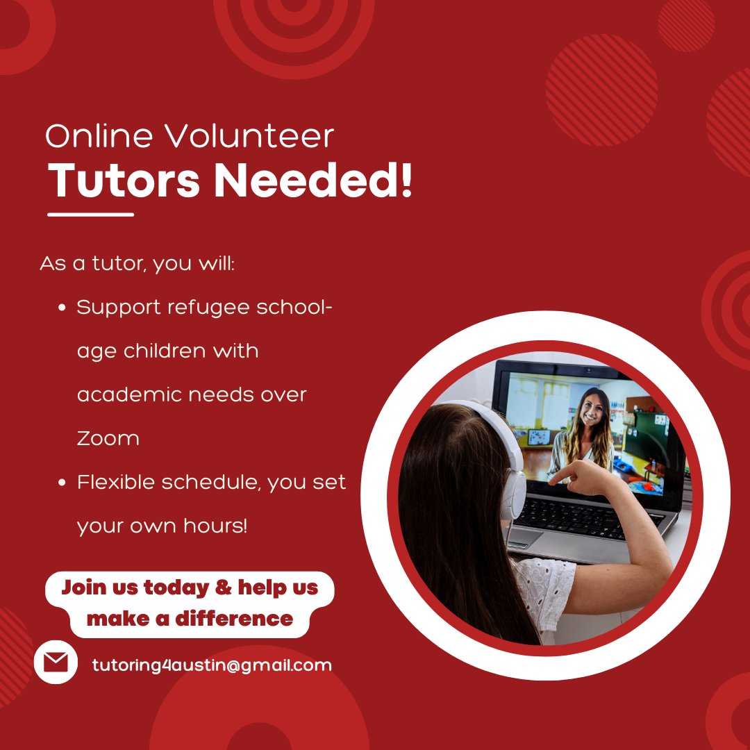 GiiGlobalimpact's tweet photo. #Tutors Needed! No matter where u live, there're so many ways that u can support #refugee families 
You set ur own hrs. Tutoring is offered both online/on-site. You decide what is best for u. 
If interested, email tutoring4austin@gmail.com
Help us make a difference
#Gii #volnteer https://t.co/LoPvKqjSSK