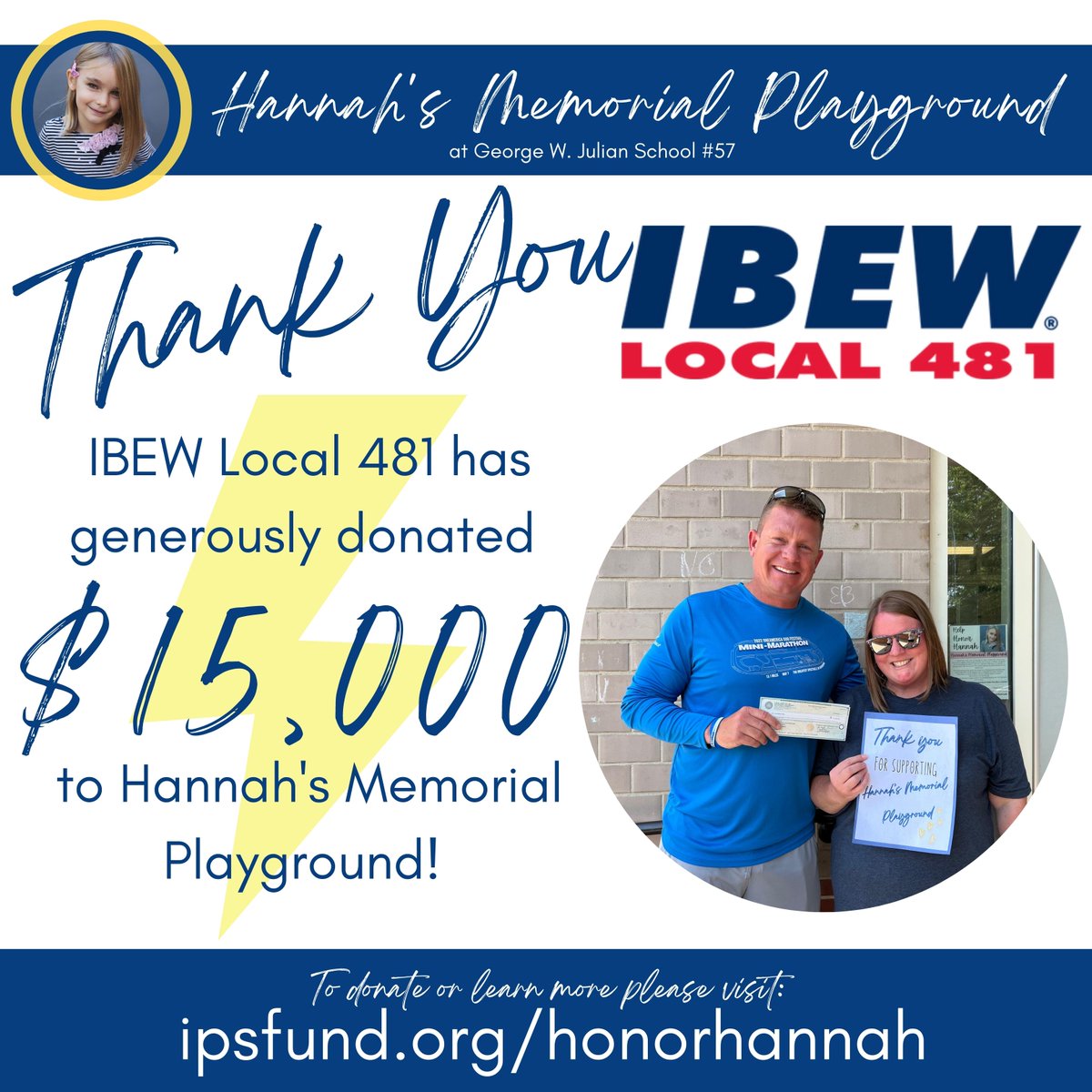 Thank you <a href="/ibew481/">IBEW Local 481</a> for your generous donation to Hannah's Memorial Playground! You are helping make our playground a reality! All $15,000 will be utilized for our playground project, and $10k has been added into our CreatINg Places campaign to help reach our matching grant goal!