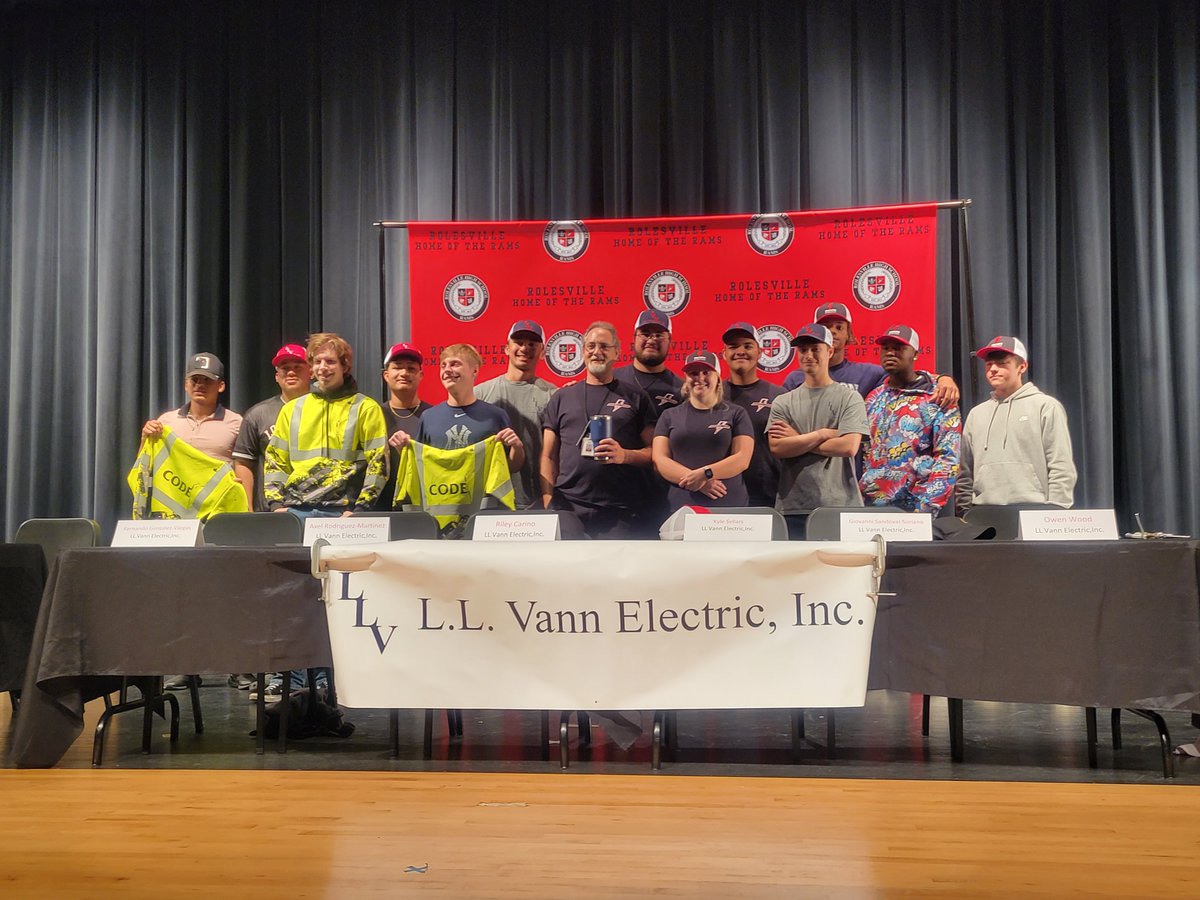 RHSCareer's tweet photo. Career Signing Day for @RolesvilleRams students - CONGRATULATIONS to our Seniors who are signing onto Apprenticeship programs with @watsonelectric, L.L.Van Electric & Code Electric, Inc.⚡️🔌💡The future is BRIGHT for these young men AND women entering the workforce! #myrolesville https://t.co/XlTKqDLlWC