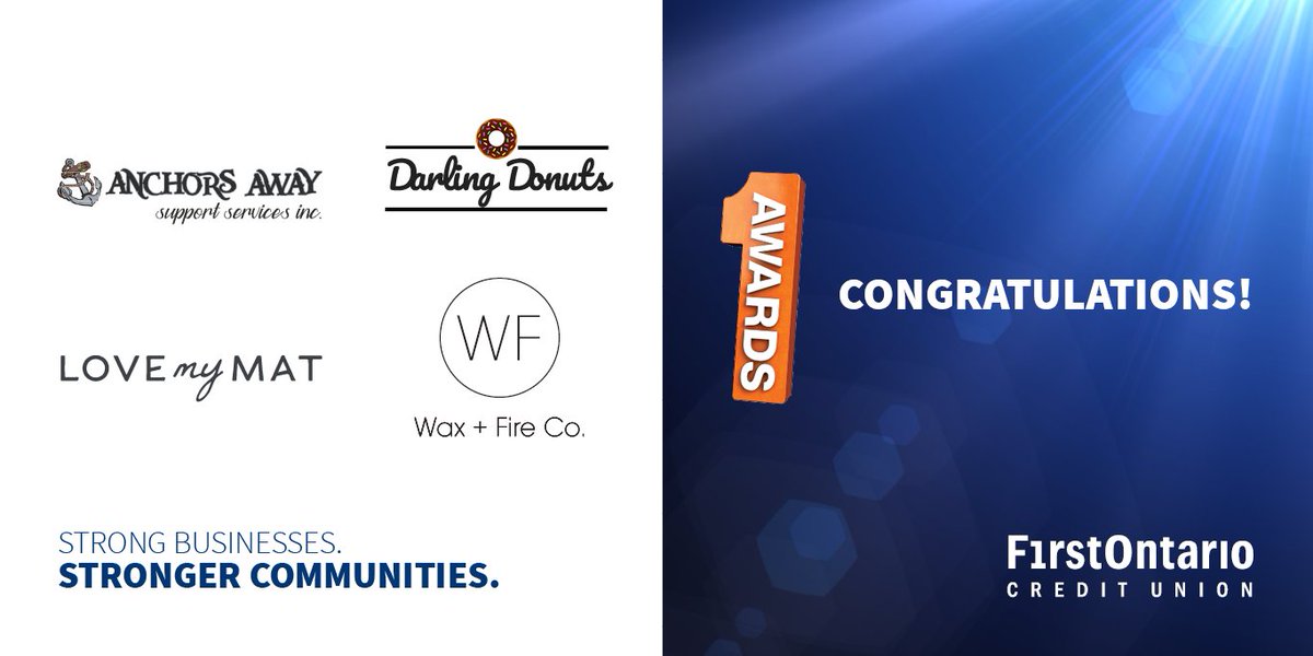 FirstOntarioCU's tweet photo. Congratulations to the 2022 FirstOntario #1Awards winners: Anchors Away Support Services Inc., Darling Donuts, @LoveMyMat, and @waxandfireco https://t.co/ld2tKmfYtt