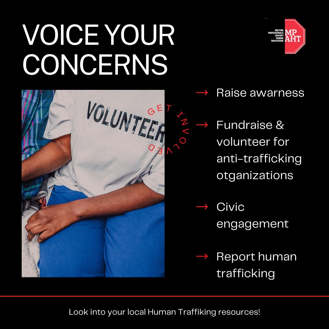 Want to get involved and voice your concern but don’t know where to start? Here are some great ways to make an impact and get involved with the cause! Comment down below if you have any other ideas and feel free to share with those around you.

#mpaht #humantrafficking