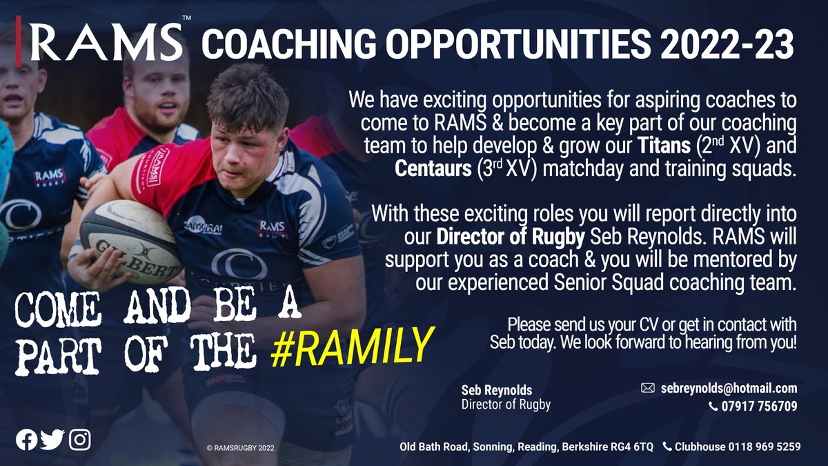 Great coaching opportunities <a href="/Rams_RFC/">Rams RFC</a>. Contact Seb with your CV. #ramily #coachingatRAMS