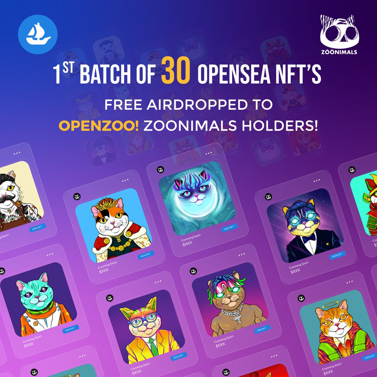 🐯‼️Zoonimals Airdrop‼️🦁

‼️ 1st batch of 30 OpenSea NFT's will be Free airdropped to OpenZoo Zoonimals Holders ‼️

To participate 👇👇👇

✅Follow <a href="/ZoonimalsNFT/">Zoonimals NFT</a> &amp; <a href="/ZooEcosystem/">Zooecosystem</a>
✅Like &amp; Quote Retweet
✅Tag 3 friends 
✅Own at least 3 Zoonimals💥 

#NFTs #NFTGiveaway #NFTdrop